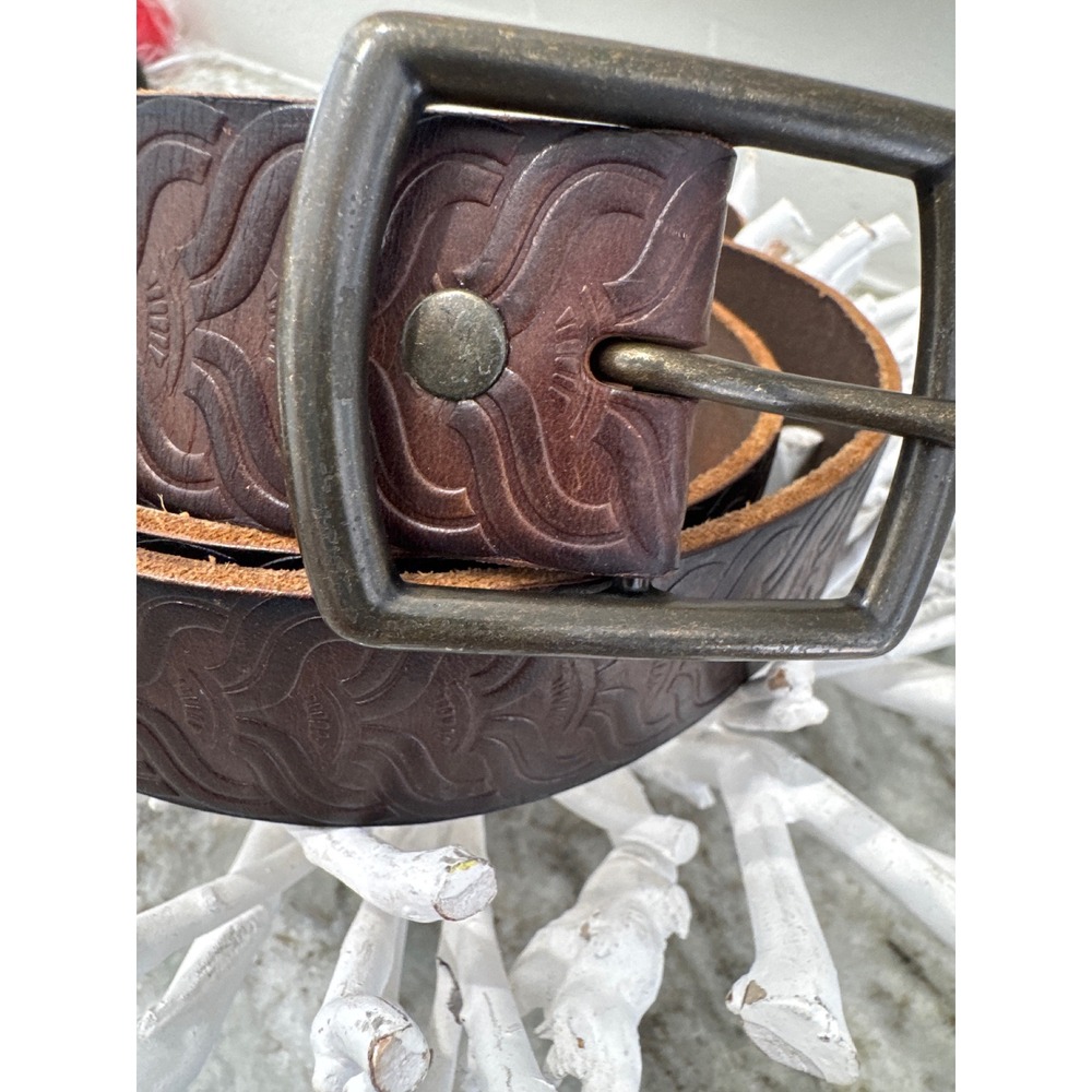 Vintage brown tooled leather belly Mossimo Supply Co. scale embossed pattern XL - Picture 3 of 8